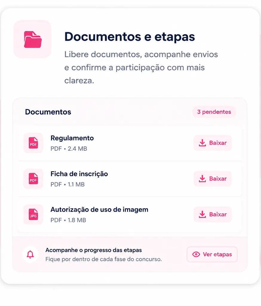 Painel de documentos e etapas do concurso