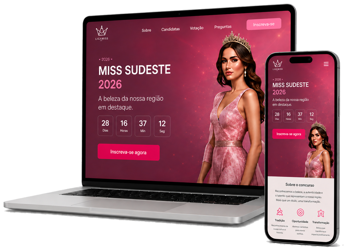 Página personalizada de concurso Liga Miss em notebook e celular