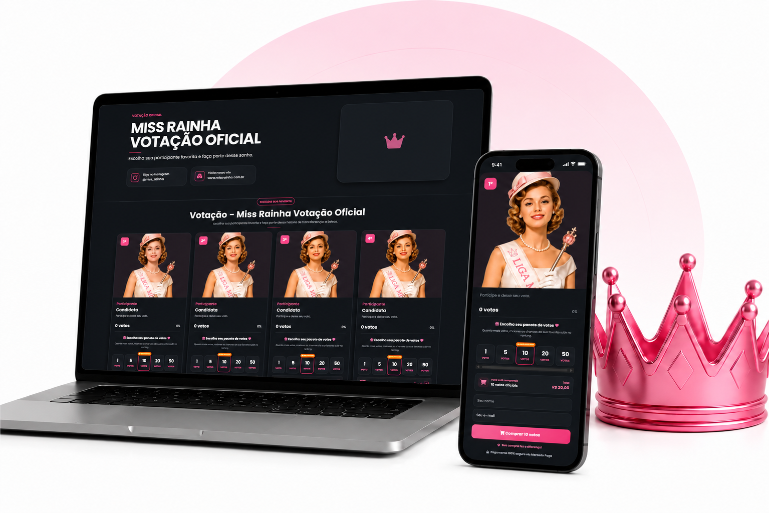 Plataforma de votação da Liga Miss no notebook e celular
